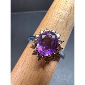 NEW Amethyst and brown zircon halo ring in platinum over sterling silver size 8